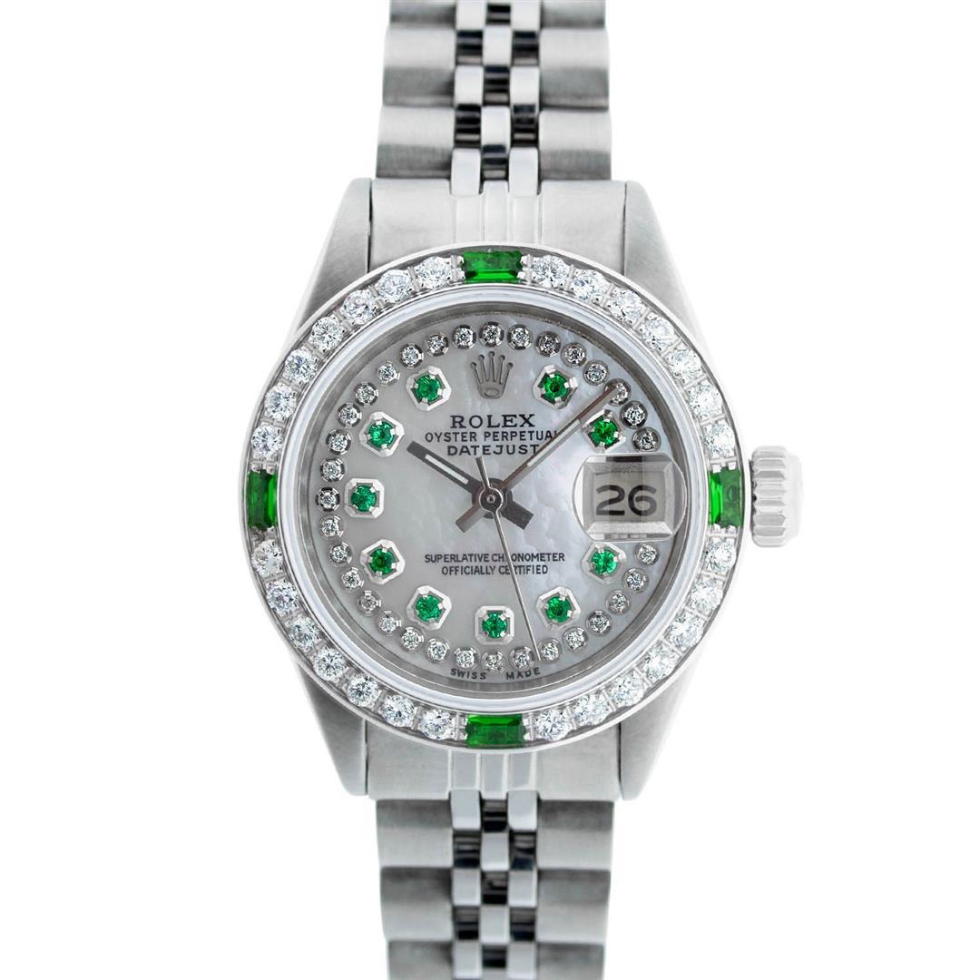 Rolex Ladies Stainless Steel MOP Emerald & Diamond Datejust Wristwatch