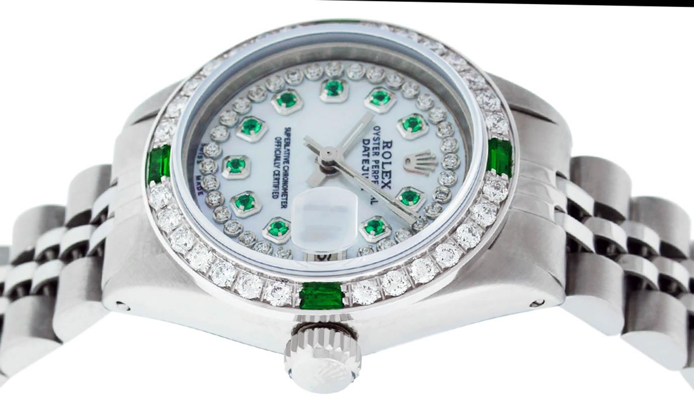 Rolex Ladies Stainless Steel MOP Emerald & Diamond Datejust Wristwatch