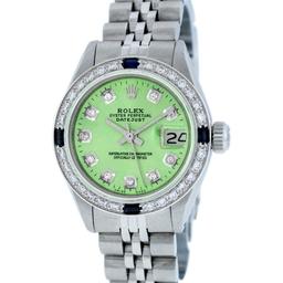 Rolex Ladies Stainless Steel Green Diamond & Sapphire Datejust Wristwatch