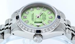 Rolex Ladies Stainless Steel Green Diamond & Sapphire Datejust Wristwatch