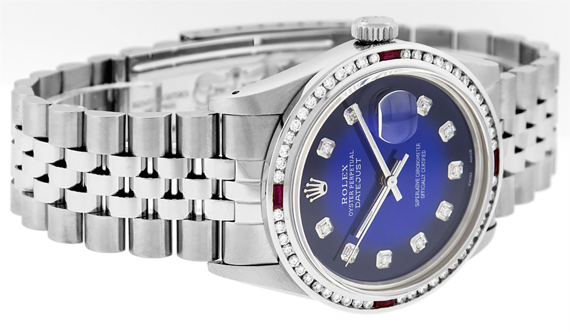 Rolex Mens SS Blue Vignette Diamond & Ruby Channel Set Diamond Datejust Wristwat