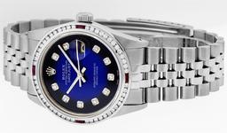 Rolex Mens SS Blue Vignette Diamond & Ruby Channel Set Diamond Datejust Wristwat