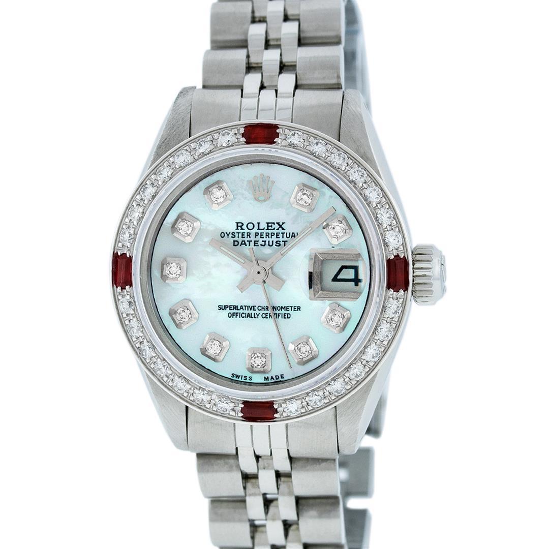 Rolex Ladies Stainless Steel Blue MOP Diamond & Ruby Datejust Wristwatch