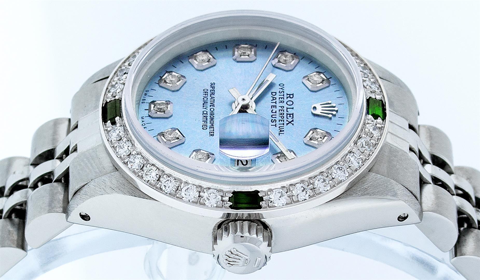 Rolex Ladies Stainless Steel Sky Blue Diamond & Emerald Datejust Wristwatch