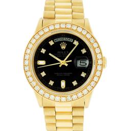 Rolex Mens 18K Yellow Gold Black Diamond 2.5 ctw Quickset President Wristwatch W