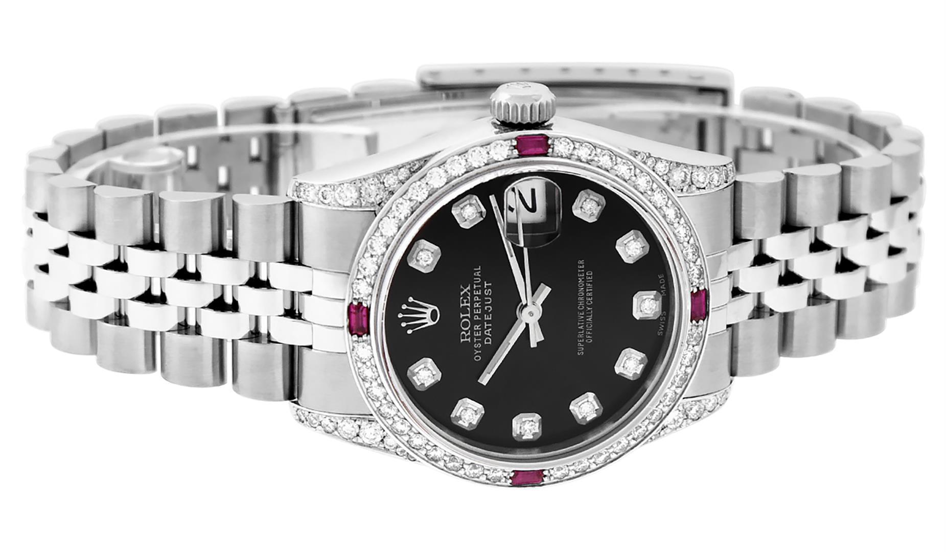 Rolex Womens Midsize 31mm Black Diamond Lugs & Ruby Datejust Wristwatch