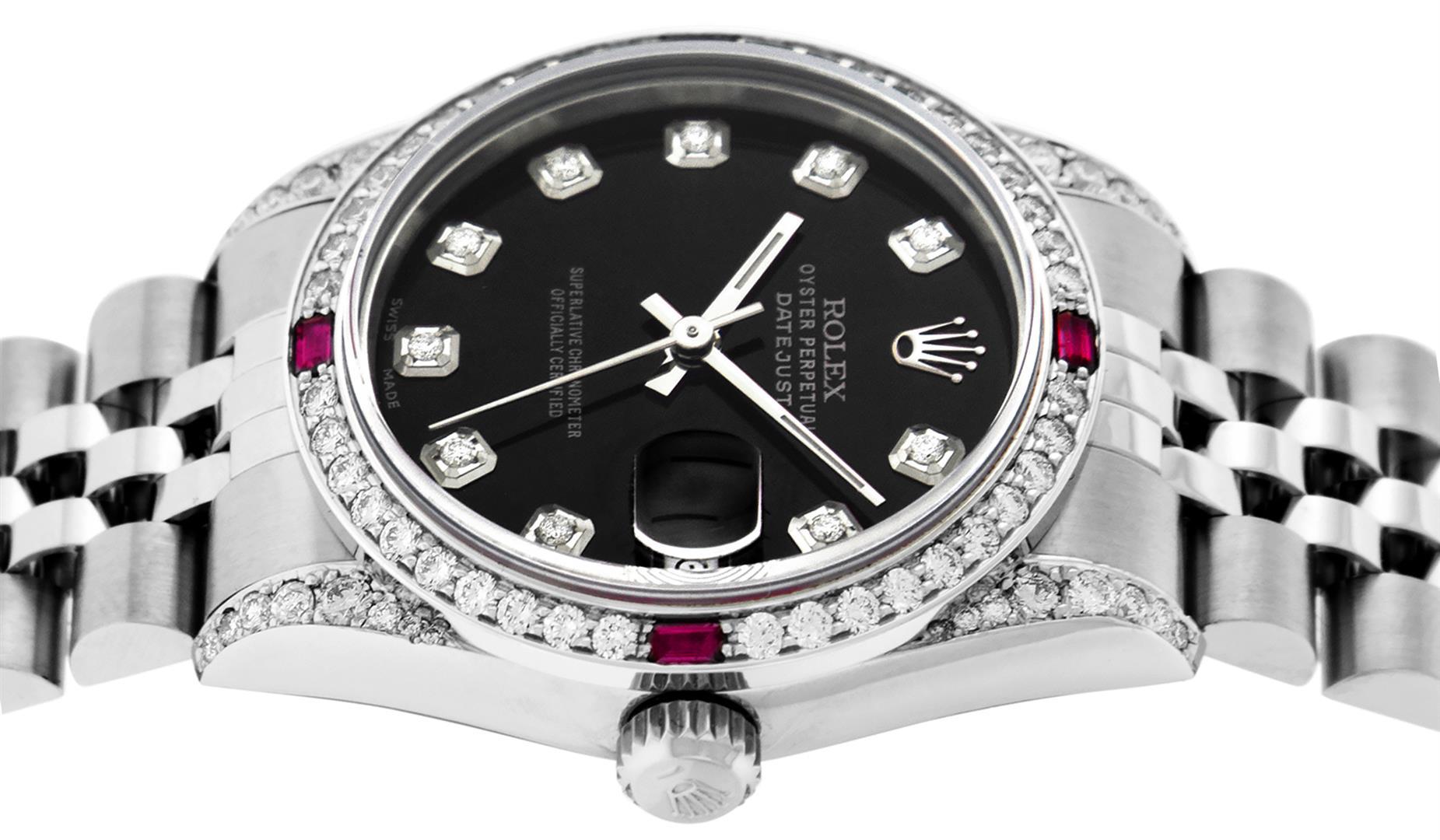 Rolex Womens Midsize 31mm Black Diamond Lugs & Ruby Datejust Wristwatch