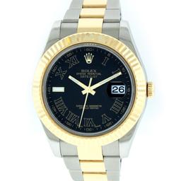 Rolex Mens Yellow Gold And Stainless Steel 41MM Black Roman Datejust 2 Wristwatc