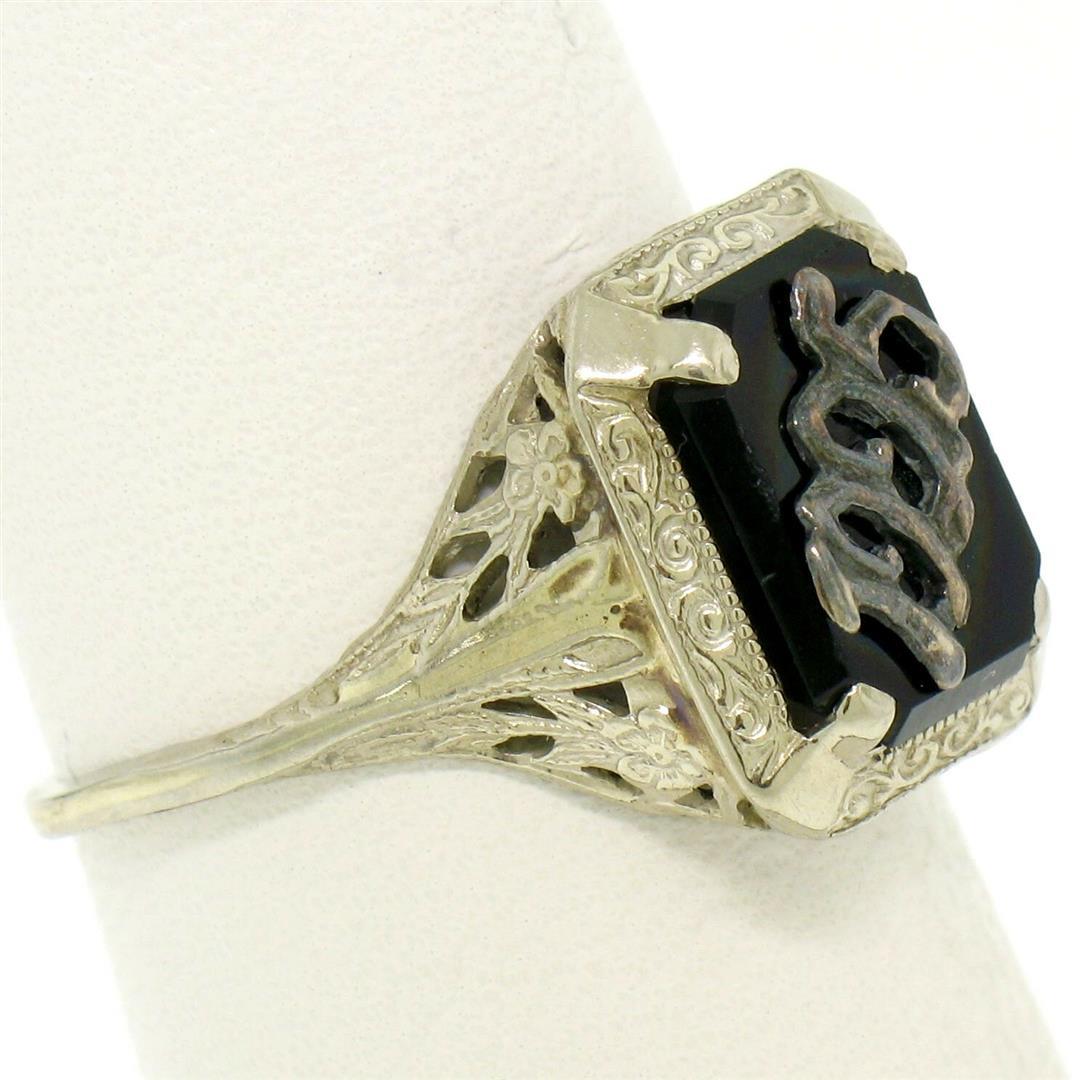 1925 14k White Gold Prong Set Black Onyx Filigree Dinner Ring