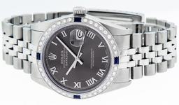 Rolex Mens Stainless Steel Dark Rhodium Roman Diamond & Sapphire Datejust Wristw