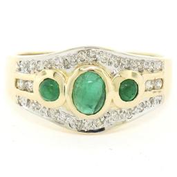 Petite 14K TT Gold 0.68 ctw 3 Cabochon Emerald & Diamond Accented Cocktail Ring