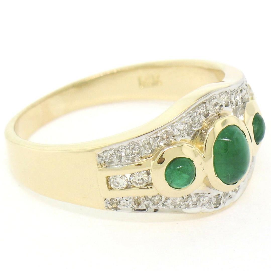 Petite 14K TT Gold 0.68 ctw 3 Cabochon Emerald & Diamond Accented Cocktail Ring