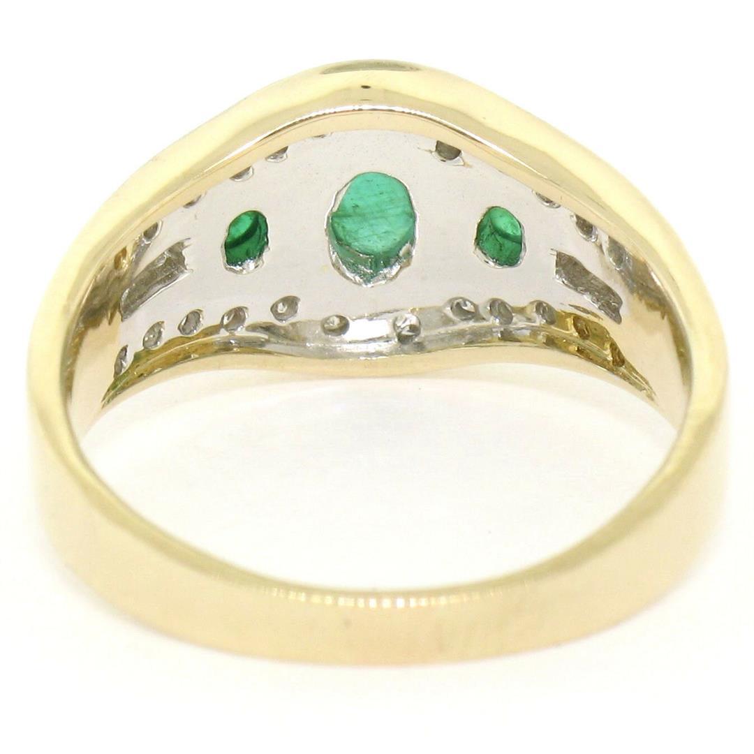 Petite 14K TT Gold 0.68 ctw 3 Cabochon Emerald & Diamond Accented Cocktail Ring