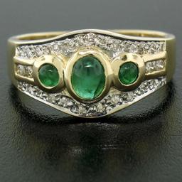Petite 14K TT Gold 0.68 ctw 3 Cabochon Emerald & Diamond Accented Cocktail Ring