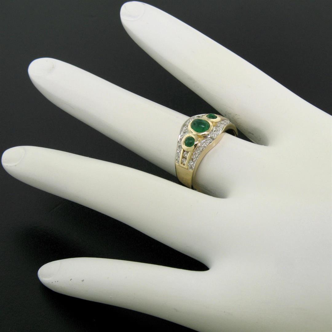 Petite 14K TT Gold 0.68 ctw 3 Cabochon Emerald & Diamond Accented Cocktail Ring