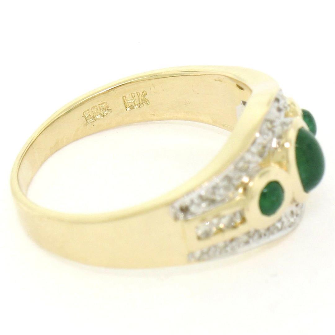 Petite 14K TT Gold 0.68 ctw 3 Cabochon Emerald & Diamond Accented Cocktail Ring