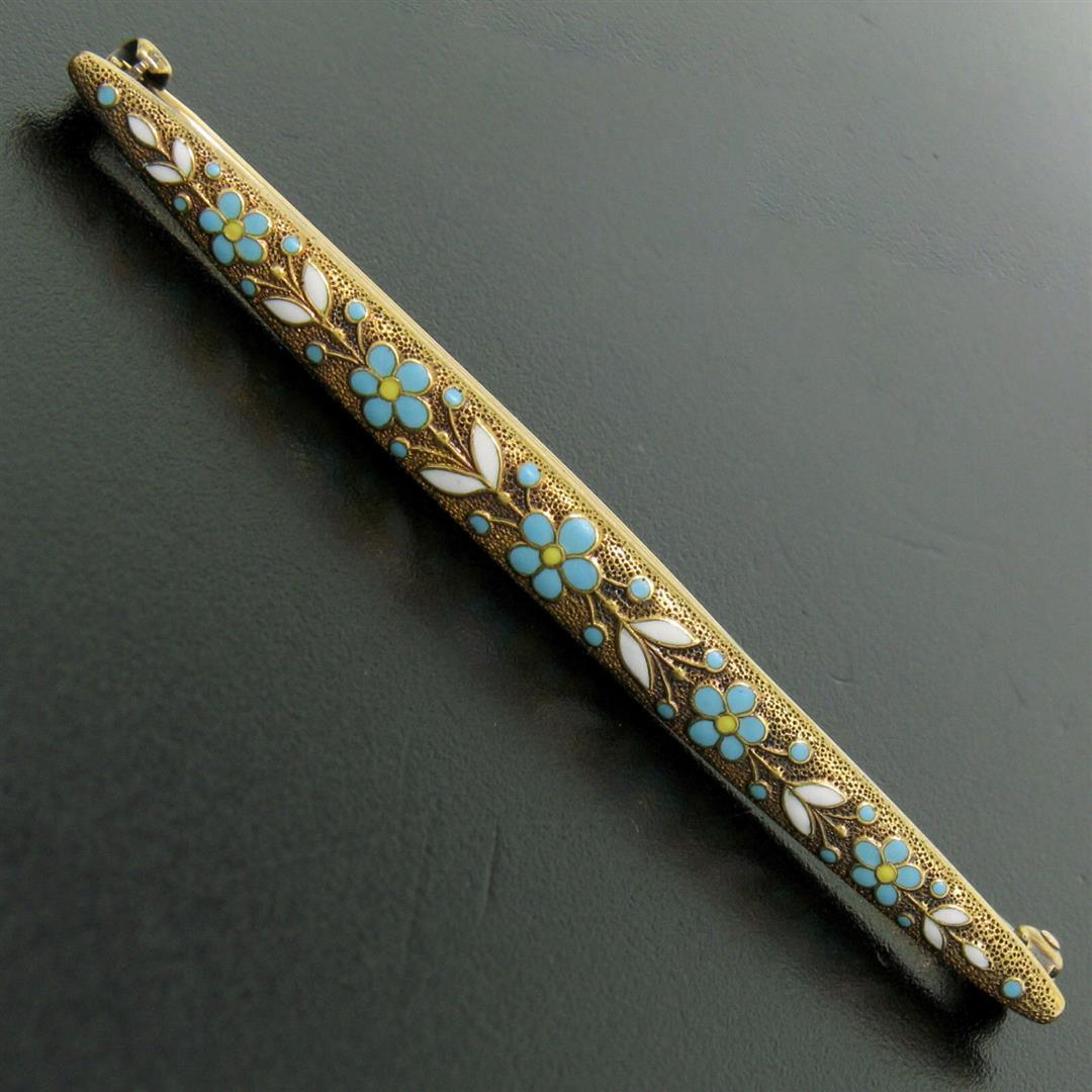 Antique Art Nouveau Krementz 14K Yellow Gold Enamel Daisy Flower Bar Pin Brooch