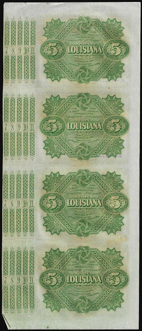 Uncut Sheet of (4) State of Louisiana Baby Bond Obsolete Notes