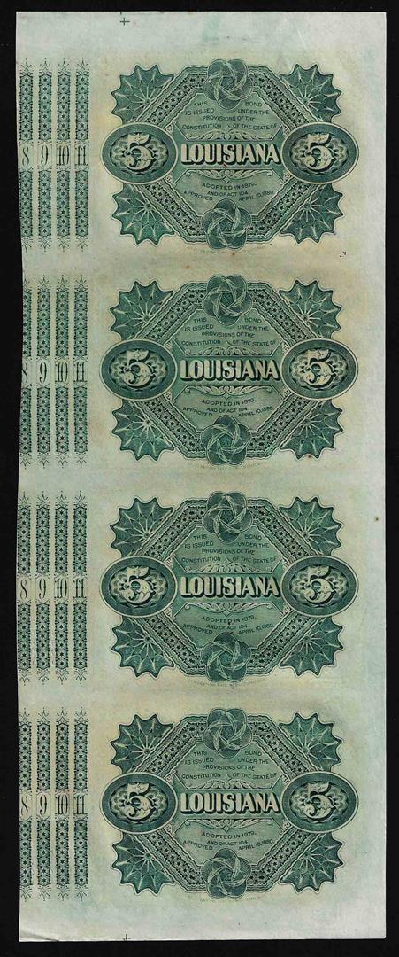 Uncut Sheet of (4) State of Louisiana Baby Bond Obsolete Notes