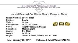 24.07 ctw.Natural Emerald Cut Citrine Quartz Parcel of Three