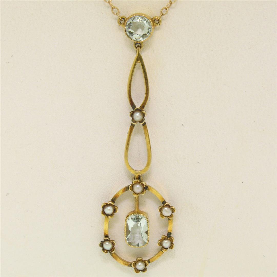 Antique Victorian 10k Yellow Gold Aquamarine Seed Pearl Dangle Pendant Necklace