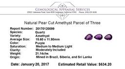 21.14 ctw.Natural Pear Cut Amethyst Parcel of Three