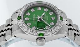 Rolex Ladies Stainless Steel Green Diamond & Emerald 26MM Datejust Wristwatch