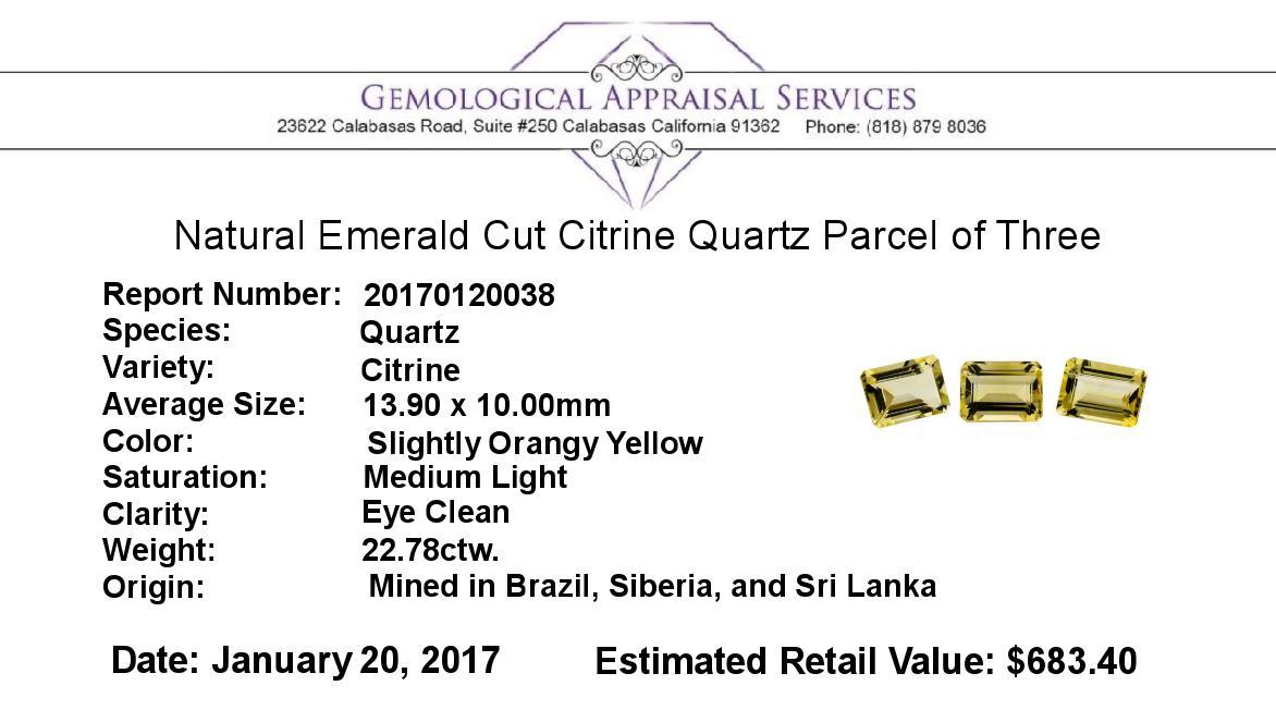 22.78 ctw.Natural Emerald Cut Citrine Quartz Parcel of Three