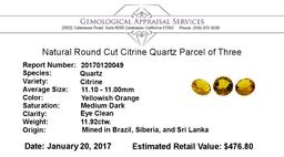 11.92 ctw.Natural Round Cut Citrine Quartz Parcel of Three