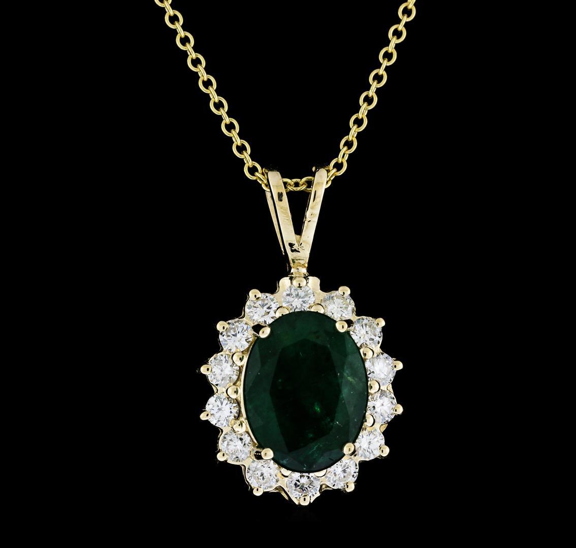 3.77 ctw Emerald and Diamond Pendant With Chain - 14KT Yellow Gold