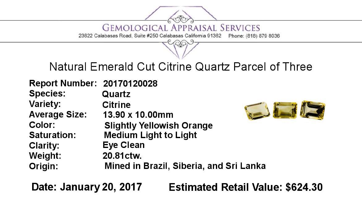 20.81 ctw.Natural Emerald Cut Citrine Quartz Parcel of Three