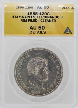 1855 Italy-Naples Ferdinando II 120 Grana Coin ANACS AU50 Details