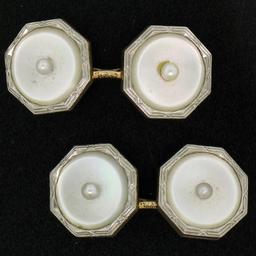 Men's Antique Art Deco Etched 14k Gold & Mother of Pearl Seed Octagon Cufflinks