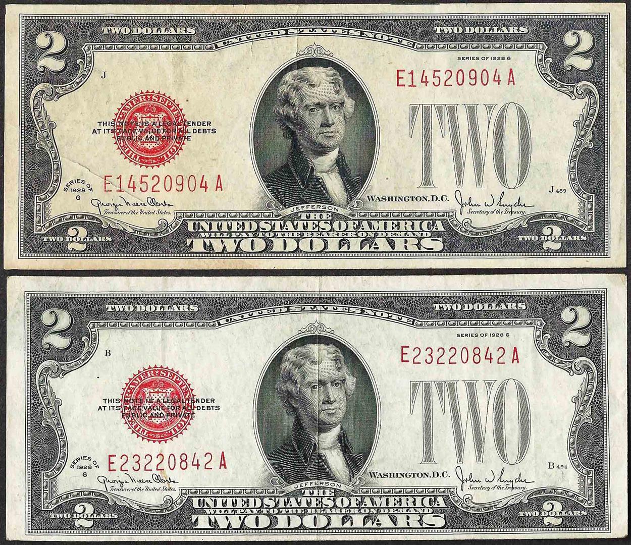 Lot of (2) 1928G $2 Legal Tender Notes