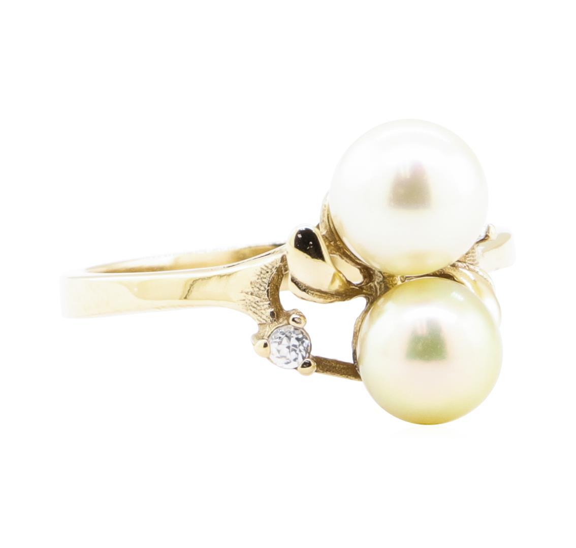 0.08 ctw Diamond and 7mm Round Cultured Pearl Ring - 14KT Yellow Gold