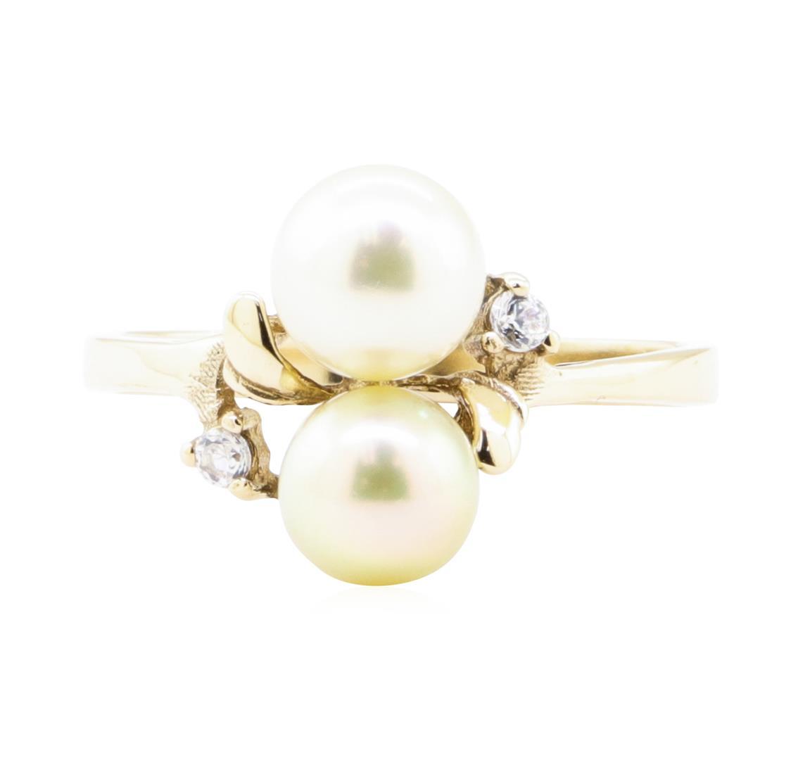 0.08 ctw Diamond and 7mm Round Cultured Pearl Ring - 14KT Yellow Gold