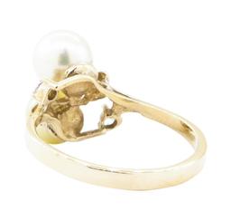 0.08 ctw Diamond and 7mm Round Cultured Pearl Ring - 14KT Yellow Gold