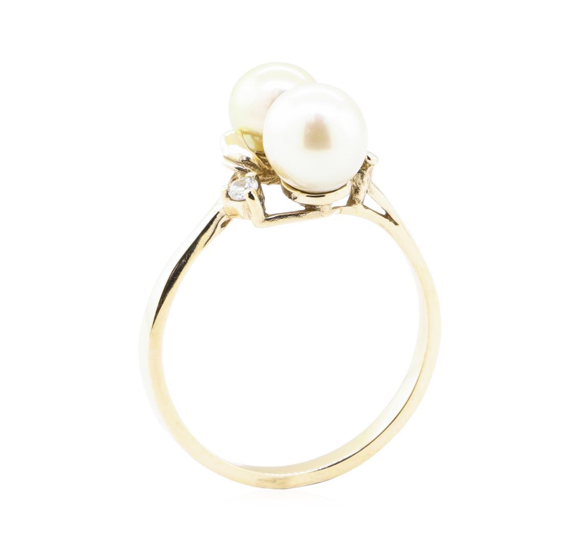 0.08 ctw Diamond and 7mm Round Cultured Pearl Ring - 14KT Yellow Gold