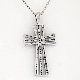 14K White Gold 0.33 ctw Single Cut White & Black Diamond Cross Pendant w/ Chain