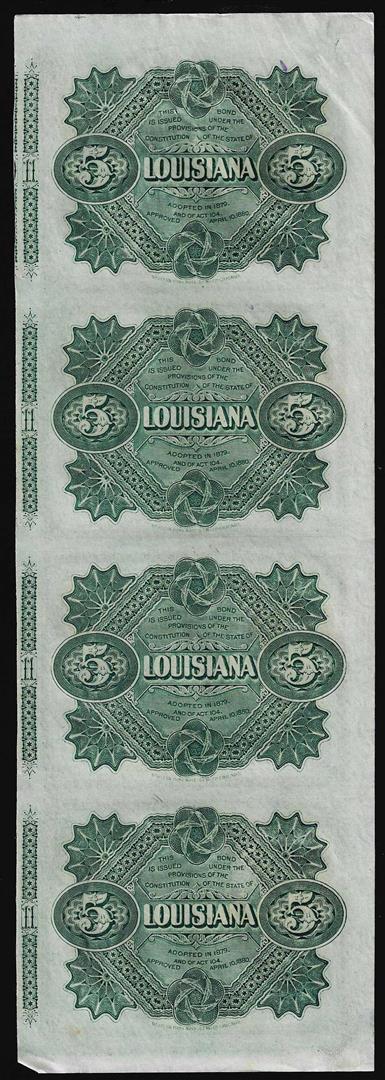 Uncut Sheet of (4) State of Louisiana Baby Bond Obsolete Notes