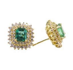 3.71 ctw Emerald and Diamond Earrings - 18KT Yellow Gold