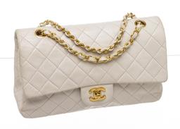 Chanel Chanel White Lambskin Leather Classic Medium Double Flap Bag