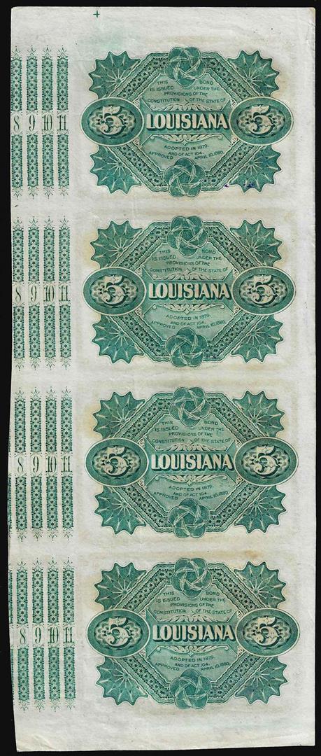 Uncut Sheet of (4) State of Louisiana Baby Bond Obsolete Notes