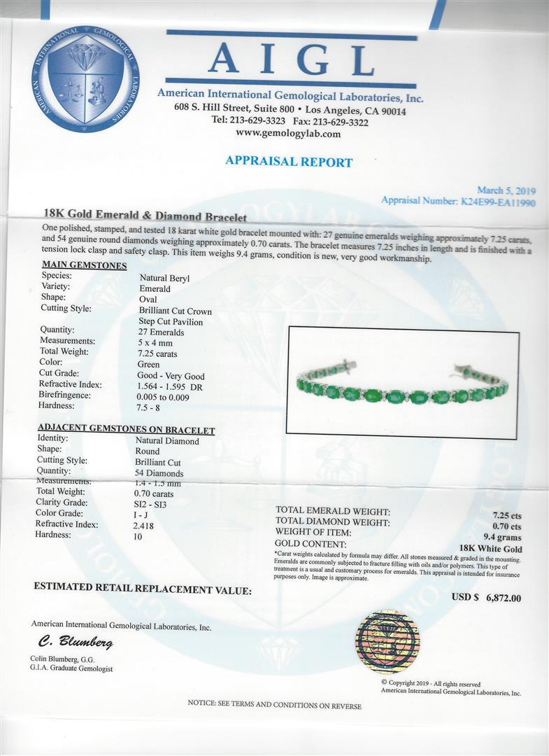 7.25 ctw Emerald and Diamond Bracelet - 18KT White Gold