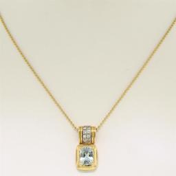 14K Yellow Gold 2.25 ctw Emerald Cut RICH Aquamarine and Diamond Pendant w/ 16"