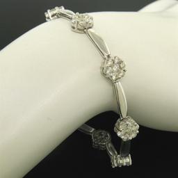 14K White Gold 7" 4.65 ctw Round Diamond Flower Cluster Bar Link Tennis Bracelet