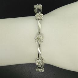 14K White Gold 7" 4.65 ctw Round Diamond Flower Cluster Bar Link Tennis Bracelet