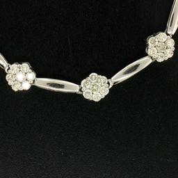 14K White Gold 7" 4.65 ctw Round Diamond Flower Cluster Bar Link Tennis Bracelet