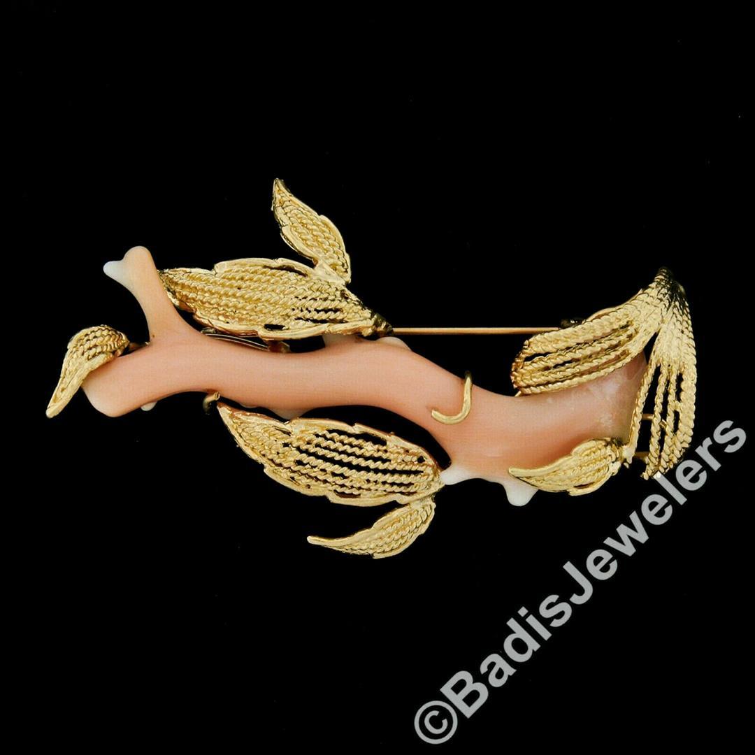 Vintage 14kt Yellow Gold Large Natural Angel Skin Coral Branch & Leaf Brooch