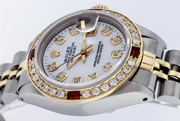 Rolex Ladies 2 Tone SS/YG MOP Diamond & Ruby Oyster Perpetual Datejust Wristwatc
